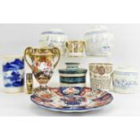 Various items of antique pottery to include a Japanese Imari plate, diameter 22cm, a Crown Derby