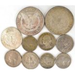 Various American silver and other coins to include two Morgan silver dollars 1880, San Francisco