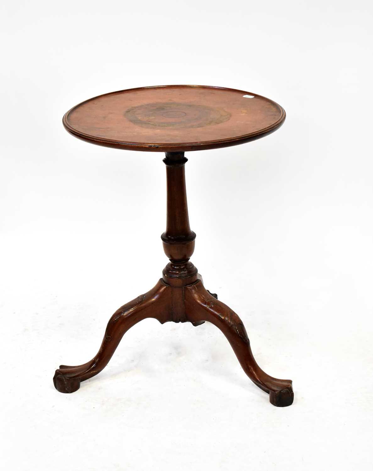A 19th century circular table with lipped top on dun barrel column and tripod cabriole legs, 63 x