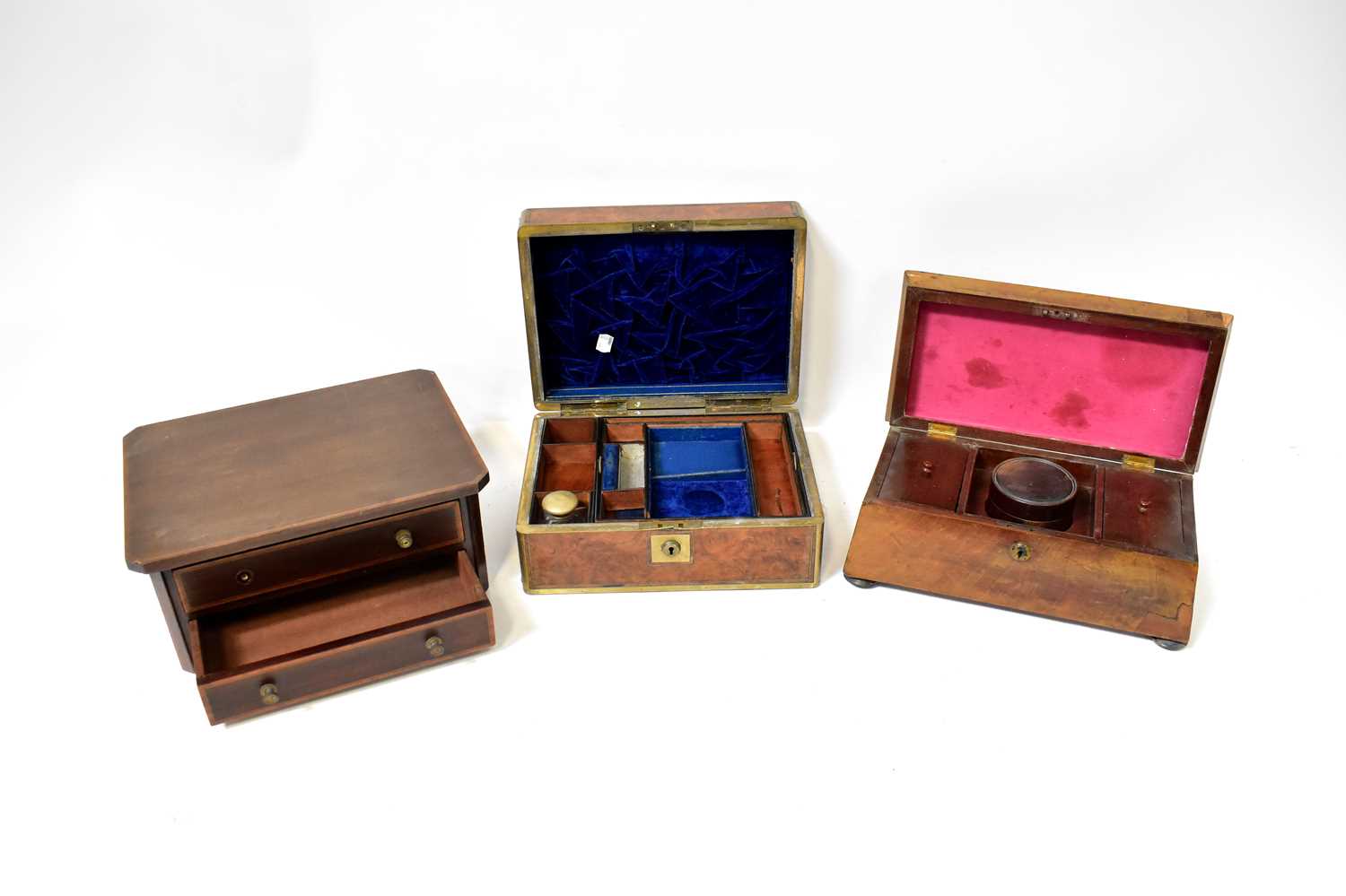 A walnut brass bound jewellery and sewing case with lift-out lid, with one original glass-topped - Image 2 of 4