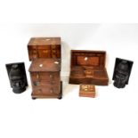 A group of late 19th/early 20th century treen to include a small mahogany table-top three-drawer