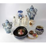 A mixed lot of ceramics to include a Chinese blue and white bowl decorated top the centre with a