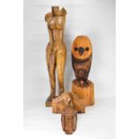 A carved wooden sculpture of a naked female torso, on square wooden base, height 85cm, a large