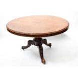 A Victorian mahogany circular tilt-top breakfast table on a tripod cabriole base, 71 x 118cm.