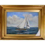 WALTON BURNETT; oil on canvas, sailboat on choppy waters, signed lower left and dated 1914, 25 x