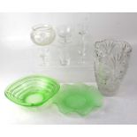 A quantity of mixed glassware to include a c.1930s Art Deco green pressed glass bowl, a similar