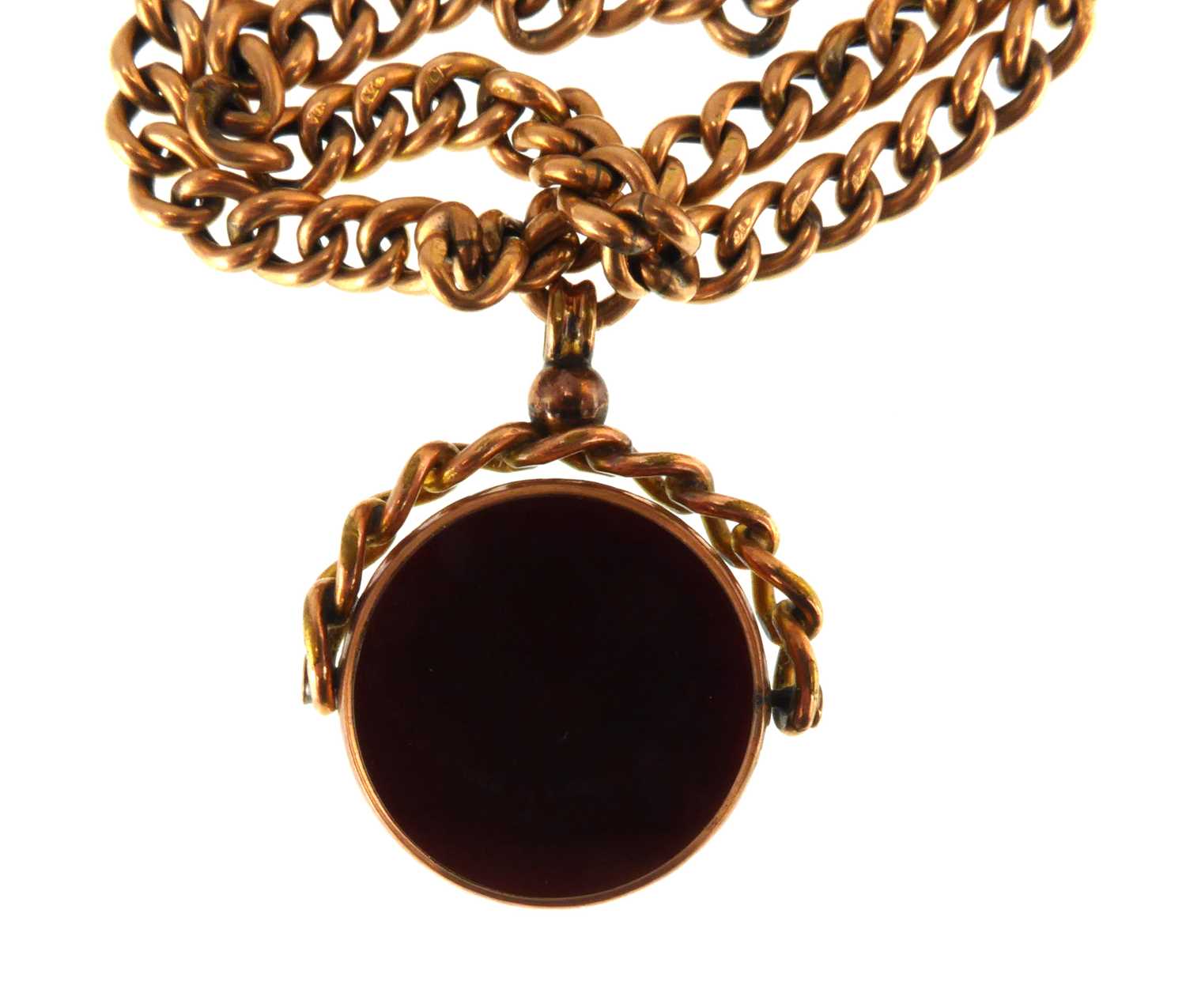 An antique 9ct rose gold double-strand bracelet with goldstone swivel seal fob and ring clasp, - Image 2 of 2