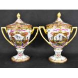 ROYAL VIENNA; a pair of 19th century vases of trophy form with covers, hand painted with harbour