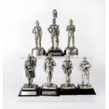 Five plated military figures comprising two British Army figures, 'The Scots Guards 1907', 'The