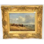 IN THE MANNER OF JOHN CALLOW; oil on canvas, beach scene with figures beside a horse and cart,