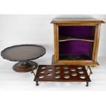 A 19th century oak lazy Susan with piecrust edge, 15 x 38cm, an oak and brass tray with circular