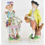 DRESDEN; a pair of late 19th century figures, a lady with flowers and a gentleman with hen and
