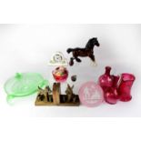 A collectors' lot to include four cranberry glass pieces, Wedgwood jasperware pink plaque, a