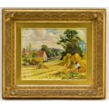 N. EXLEY (British, early 20th century); oil on board, farmer gathering wheat, with buildings and