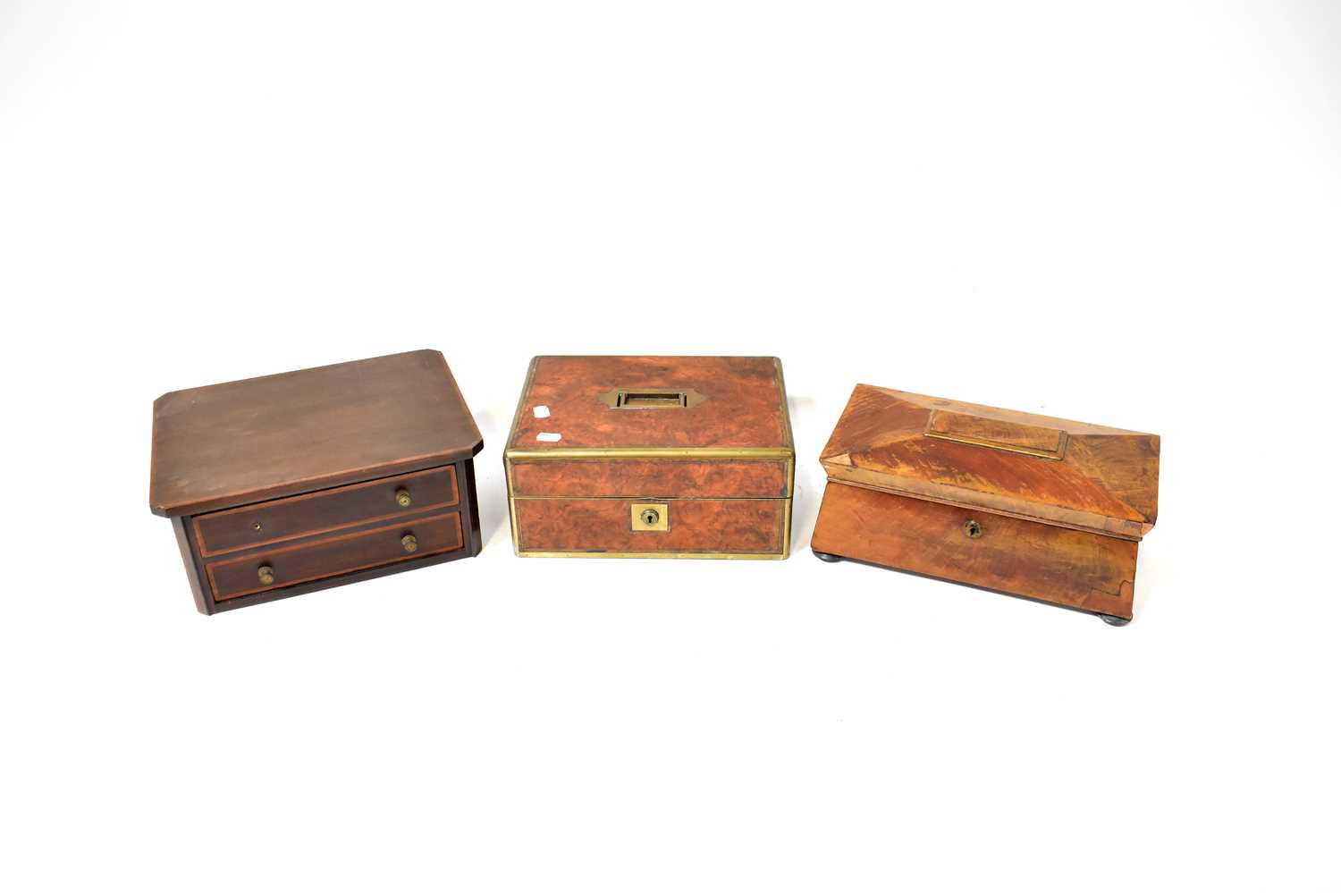 A walnut brass bound jewellery and sewing case with lift-out lid, with one original glass-topped