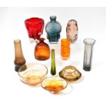Eleven various glass items to include a Whitefriars deep orange bark vase, an amber controlled