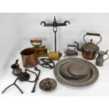 Various items of metalware to include a wrought iron Avery beam scale, copper and brass kettle, five