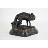 AFTER FRATIN; a bronze sculpture of a fox with cubs, on shaped black marble base, impressed 'Fratin'