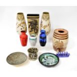 A group of mixed ceramics to include a Doulton Lambeth stoneware cask with armorial crest, a pair of