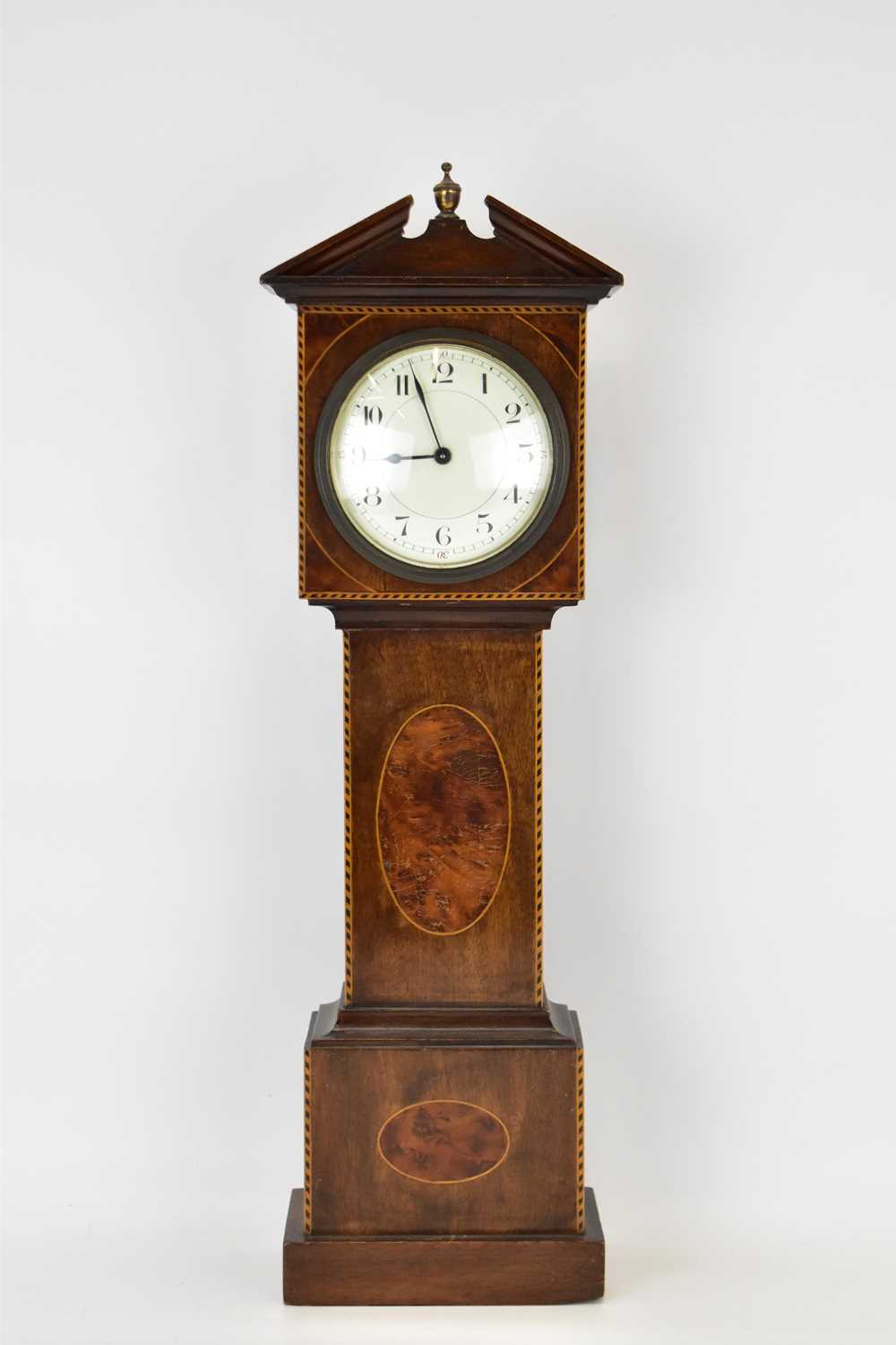 A late 19th/early 20th century miniature longcase clock with break arched top, the white enamelled - Image 2 of 3