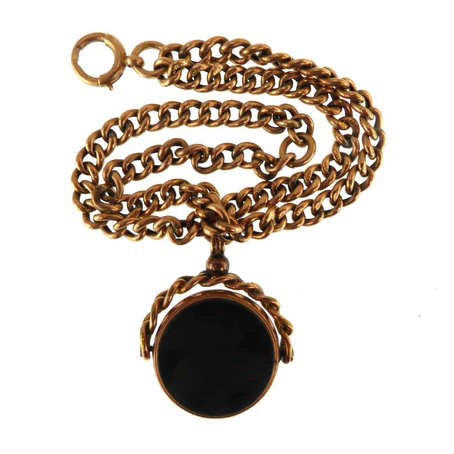An antique 9ct rose gold double-strand bracelet with goldstone swivel seal fob and ring clasp,