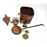 A late 19th early/20th century wooden coal trug with brass banding together with a pair of