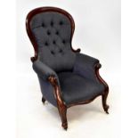 A Victorian mahogany parlour chair, button back upholstered in blue velour, on cabriole legs, height