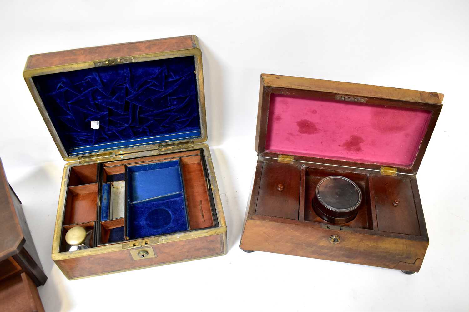 A walnut brass bound jewellery and sewing case with lift-out lid, with one original glass-topped - Image 3 of 4