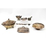 A quantity of silver plated ware to include a rectangular covered tureen, an oval covered soup