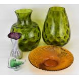 Five pieces of vintage art glass comprising two large green glass vases with dimpled sides, height