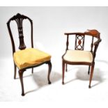 An Edwardian inlaid mahogany corner chair, together with an Edwardian salon chair with upholstered