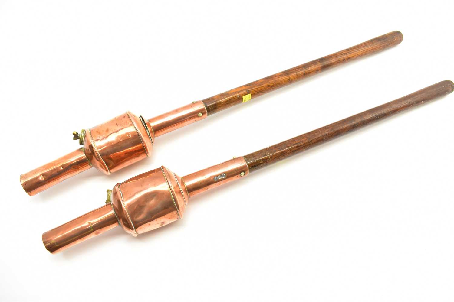A pair of 19th century handheld or carriage mounting torches with copper and brass paraffin font and - Image 5 of 6