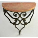 A French wrought iron console table with demi-lune pink marble top, height 57 x 41 x 22cm.