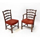 A set of eight 18th century style mahogany ribbon back dining chairs with over-stuffed seats (6+2).
