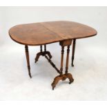 A 19th century burr walnut Sutherland table with double turned supports and turned stretcher, raised