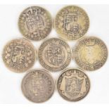 Seven silver half crowns, comprising a George IV 1824 first bust, William IV 1834 WW in script,