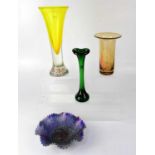 An acid yellow cylindrical vase with a millefiori base, a Cowdy glass trumpet vase, a Whitefriars