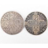 Two silver shillings comprising Anne 1711, fourth bust plain and a George I 1723, first bust, no