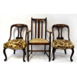 A pair of Victorian mahogany arched back dining chairs with scroll supports, together with an