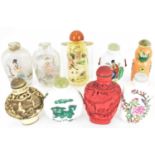 Nine various 20th century snuff bottles to include glass, porcelain, red lacquer etc, two ceramic