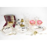 Various items of silver plate to include teapot, entrée dishes, bowls, double cranberry glass