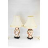 A pair of modern Japanese table lamps in the form of temple jars, with floral pattern, raised on