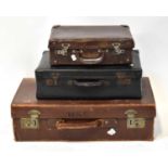 Three vintage card suitcases, comprising a brown leather example initialled 'M.H.R', a smaller brown