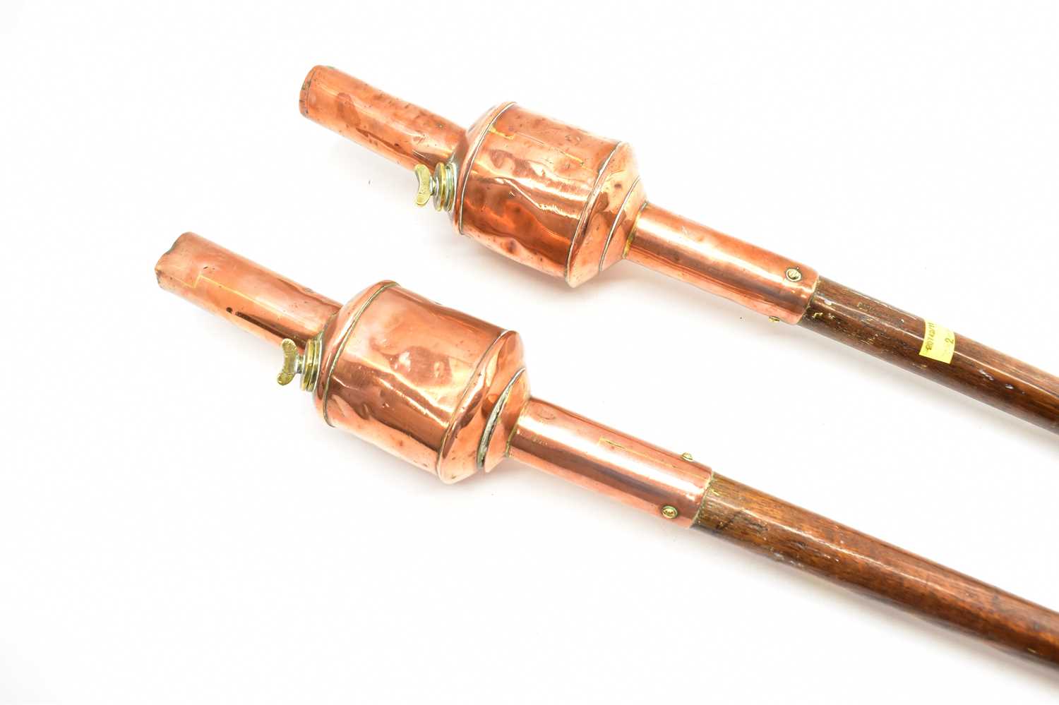 A pair of 19th century handheld or carriage mounting torches with copper and brass paraffin font and - Image 6 of 6