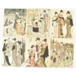 AFTER TORII KIYONAGA; six Japanese woodblock coloured prints, all depicting figures, garden and