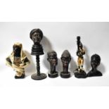 Five figural busts, together with a lamp in the form of a gentleman wearing 18th century clothes and