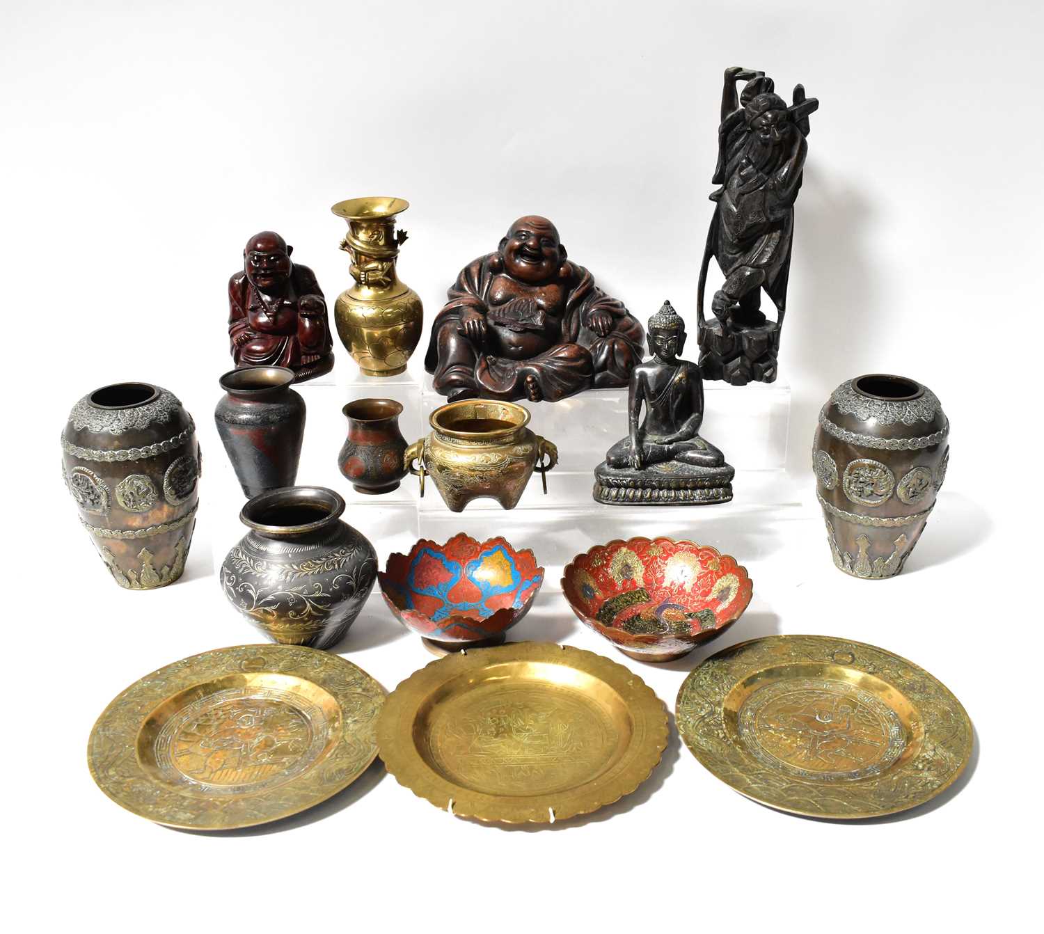 A quantity of decorative Oriental metalware, including a koro, a pair of vases, seated figure, etc.