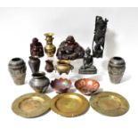 A quantity of decorative Oriental metalware, including a koro, a pair of vases, seated figure, etc.