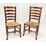 A harlequin set of seven wavy ladder back rush-seated dining chairs with turned front legs (7).