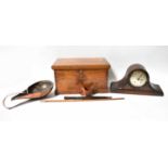 An oak twin-handled small rectangular chest, width 48.5cm, an oak domed top mantel clock, copper